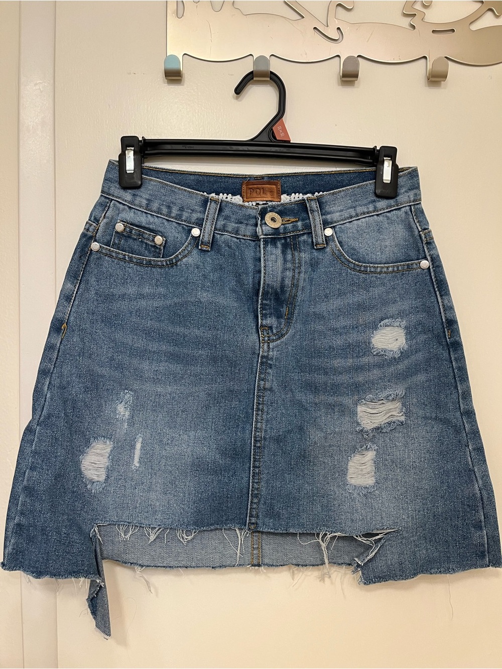 POL Denim Distressed A-Line Mini Skirt